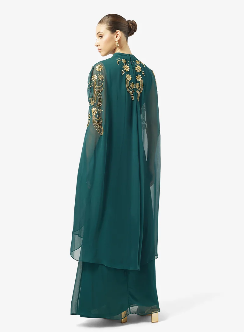 Frock and Frill Cape Sleeve High Neck Maxi Dress